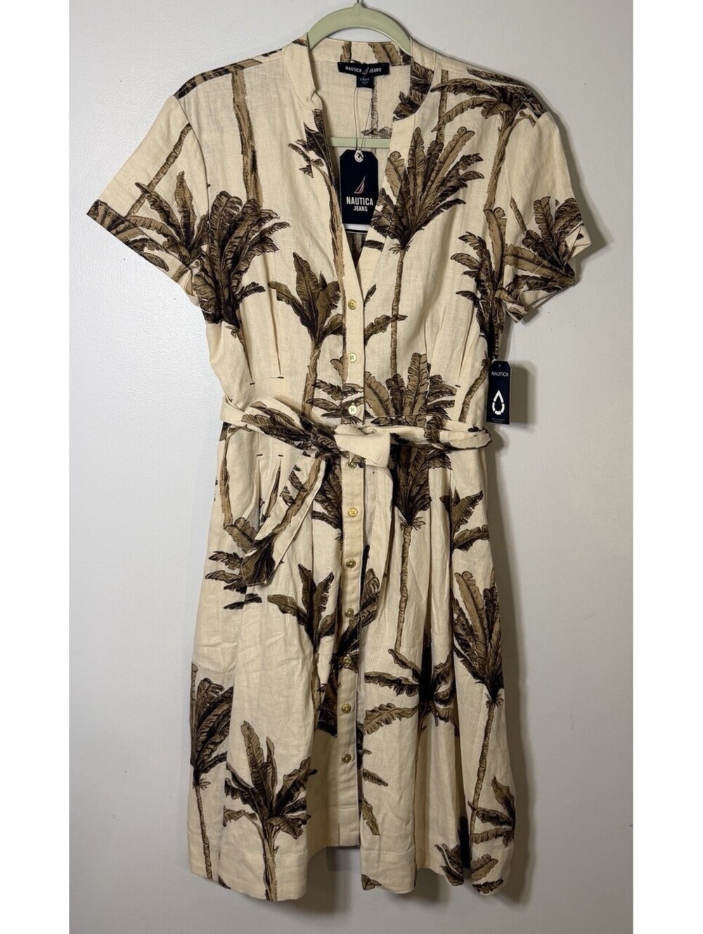 NWTS Nautica Beige Palm Frond Print Short Sleeve Shirt Dress Vneck Small Coastal
